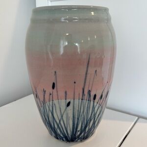 Vintage Pottery large vase in Pastel Pink and Blue glazed Cattail design signed